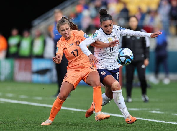 Sophia Smith of the United States, right, and Victoria Pelova of the Netherlands competing for the ball during Thursday’s match.